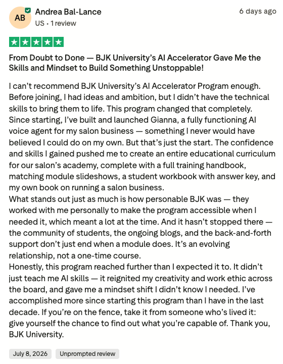 Trustpilot 5-star review from Andrea Bal-Lance titled From Doubt to Done
