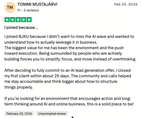 Trustpilot 5-star review from Tommi Mustajärvi titled I joined because