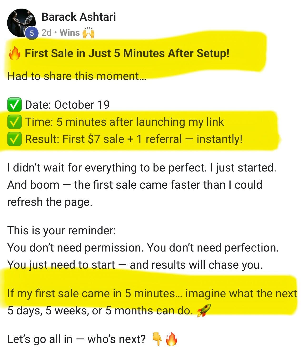 Community win screenshot from Barack Ashtari titled First Sale in Just 5 Minutes After Setup